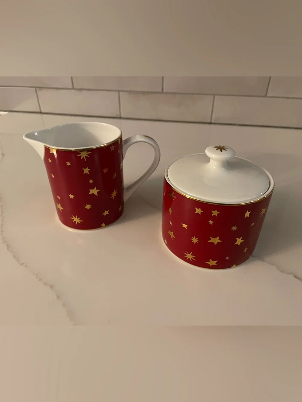 Galaxy by Sakura Red and White Cream and Sugar with 14K Gold Accents